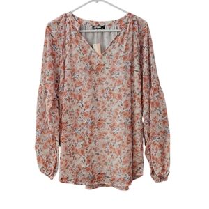 BTFBM Floral V-Neck Blouse Women XL NEW Long Sleeve